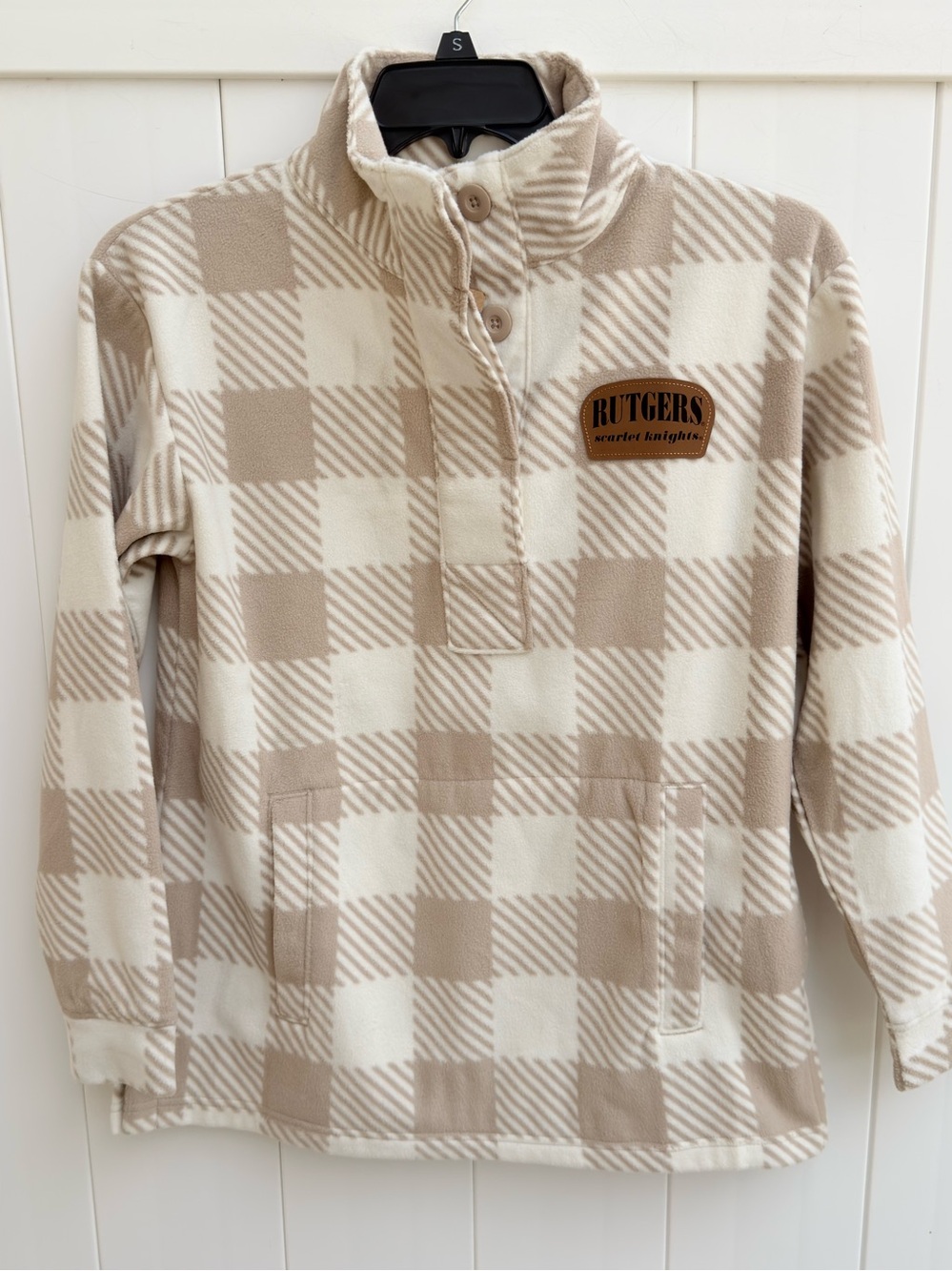 NWT Rutgers University Beige & Cream Plaid Fleece Pullover 1/4 Button Up